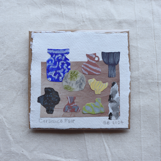 Original Collage on Cotton Rag Card 'Ceramics Fair' 10.5cm x 10.5 cm