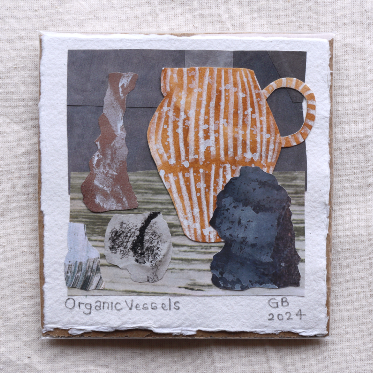 Original Collage on Cotton Rag Card 'Organic Vessels' 10.5cm x 10.5 cm