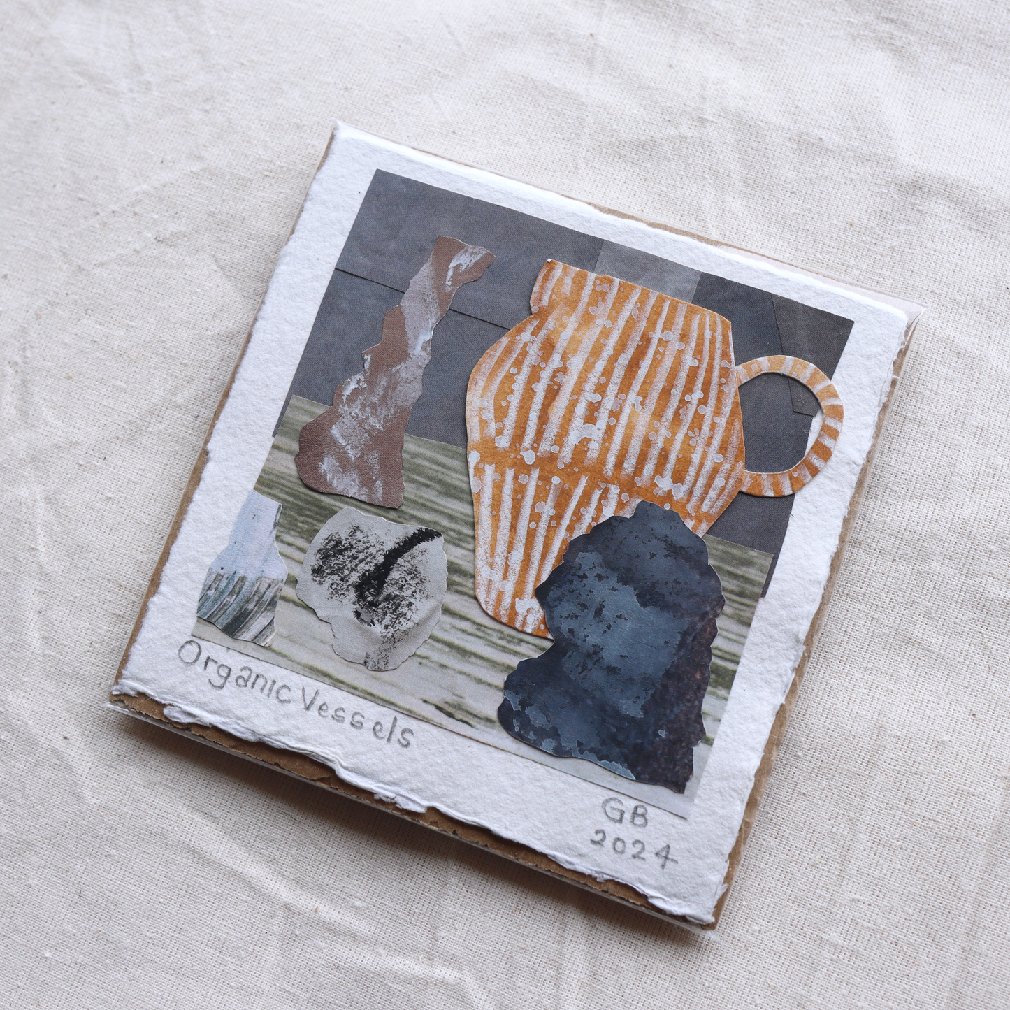 Original Collage on Cotton Rag Card 'Organic Vessels' 10.5cm x 10.5 cm