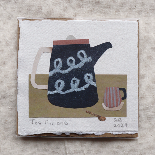 Original Collage on Cotton Rag Card 'Tea for One' 10.5cm x 10.5cm