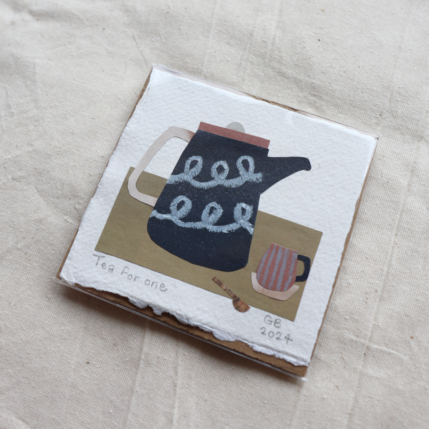 Original Collage on Cotton Rag Card 'Tea for One' 10.5cm x 10.5cm
